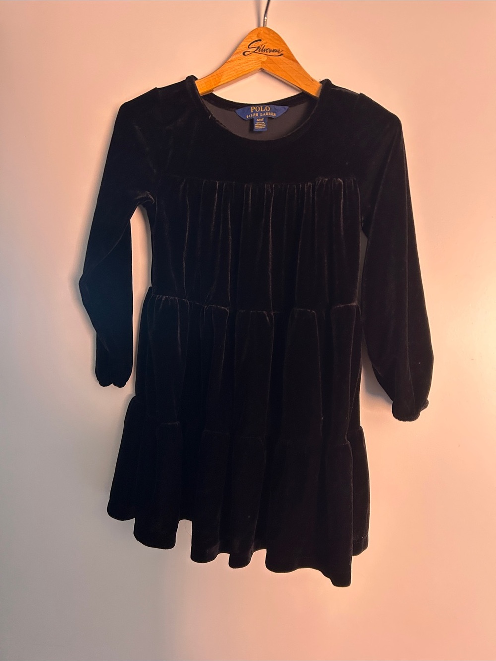 Polo by Ralph Lauren Black Velvet Tiered Long-Sleeve Dress size 4